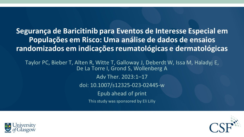 Publication thumbnail: Segurança de Baricitinib para Eventos de Interesse Especial em Populações em Risco: Uma análise de dados de ensaios randomizados em indicações reumatológicas e dermatológicas