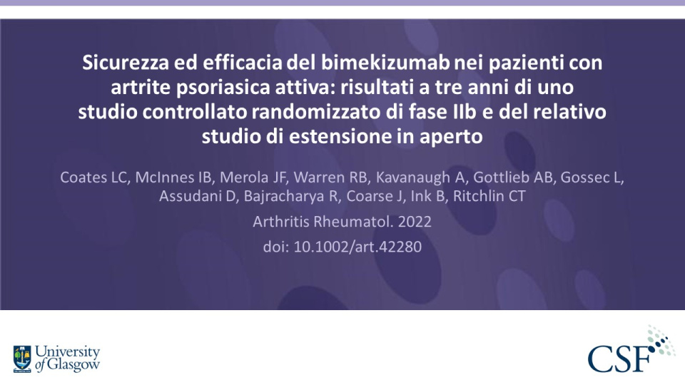 Publication thumbnail: Sicurezza ed efficacia del bimekizumab nei pazienti con artrite psoriasica attiva: risultati a tre anni di uno studio controllato randomizzato di fase IIb e del relativo studio di estensione in aperto