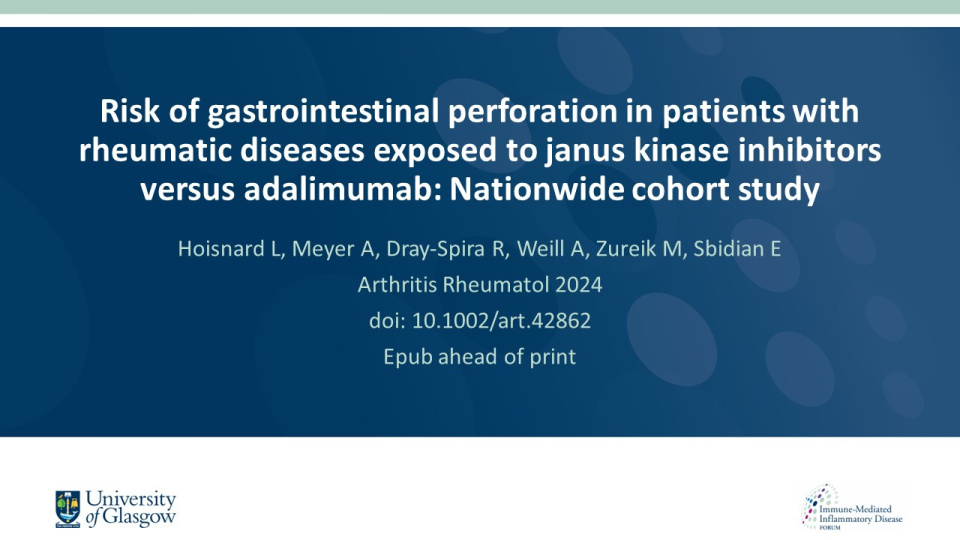 Publication thumbnail: Risk of gastrointestinal perforation in patients with rheumatic diseases exposed to janus kinase inhibitors versus adalimumab: Nationwide cohort study