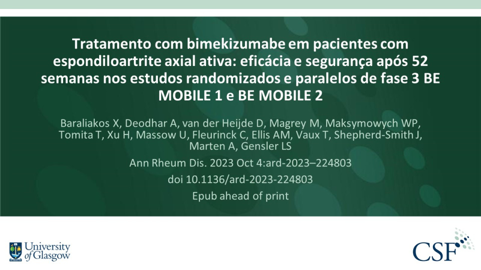 Publication thumbnail: Tratamento com bimekizumabe em pacientes com espondiloartrite axial ativa: eficácia e segurança após 52 semanas nos estudos randomizados e paralelos de fase 3 BE MOBILE 1 e BE MOBILE 2