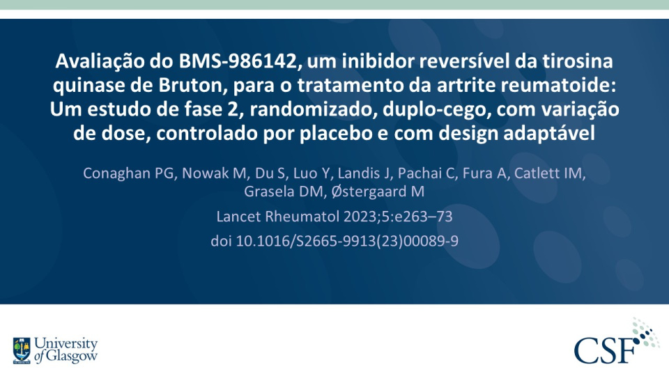 Publication thumbnail: Avaliação do BMS-986142, um inibidor reversível da tirosina quinase de Bruton, para o tratamento da artrite reumatoide: Um estudo de fase 2, randomizado, duplo-cego, com variação de dose, controlado por placebo e com design adaptável