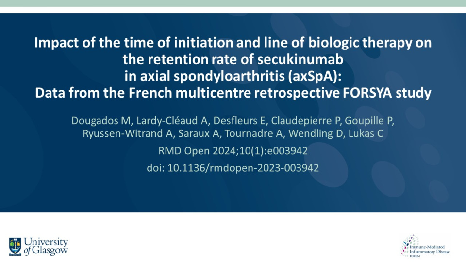 Publication thumbnail: Impact of the time of initiation and line of biologic therapy on the retention rate of secukinumab in axial spondyloarthritis (axSpA):  Data from the French Multicentre Retrospective FORSYA Study