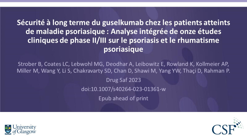 Publication thumbnail: Sécurité à long terme du guselkumab chez les patients atteints de maladie psoriasique : Analyse intégrée de onze études cliniques de phase II/III sur le psoriasis et le rhumatisme psoriasique