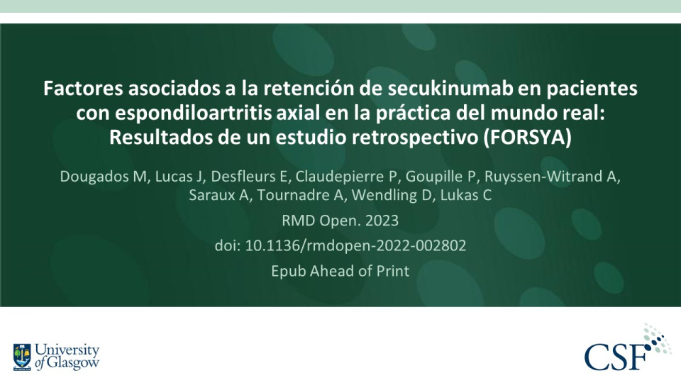Publication thumbnail: Factores asociados a la retención de secukinumab en pacientes con espondiloartritis axial en la práctica del mundo real:  Resultados de un estudio retrospectivo (FORSYA)
