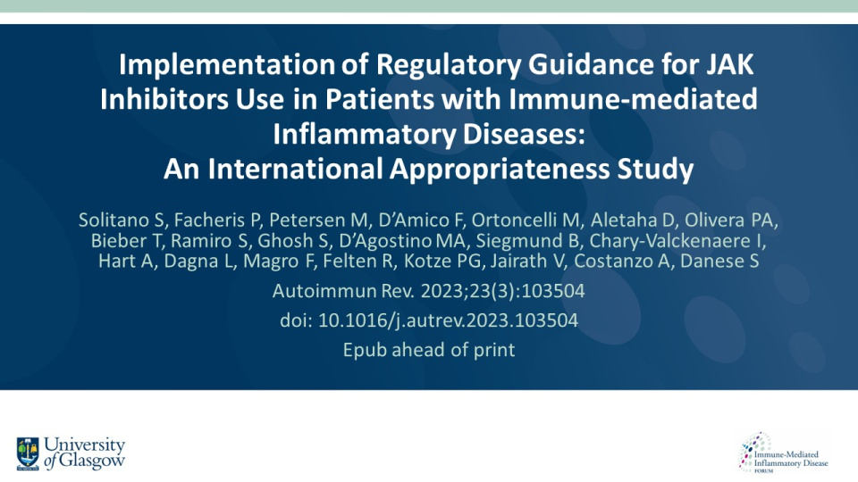 Publication thumbnail: Implementation of Regulatory Guidance for JAK Inhibitors Use in Patients with Immune-Mediated Inflammatory Diseases: An International Appropriateness Study