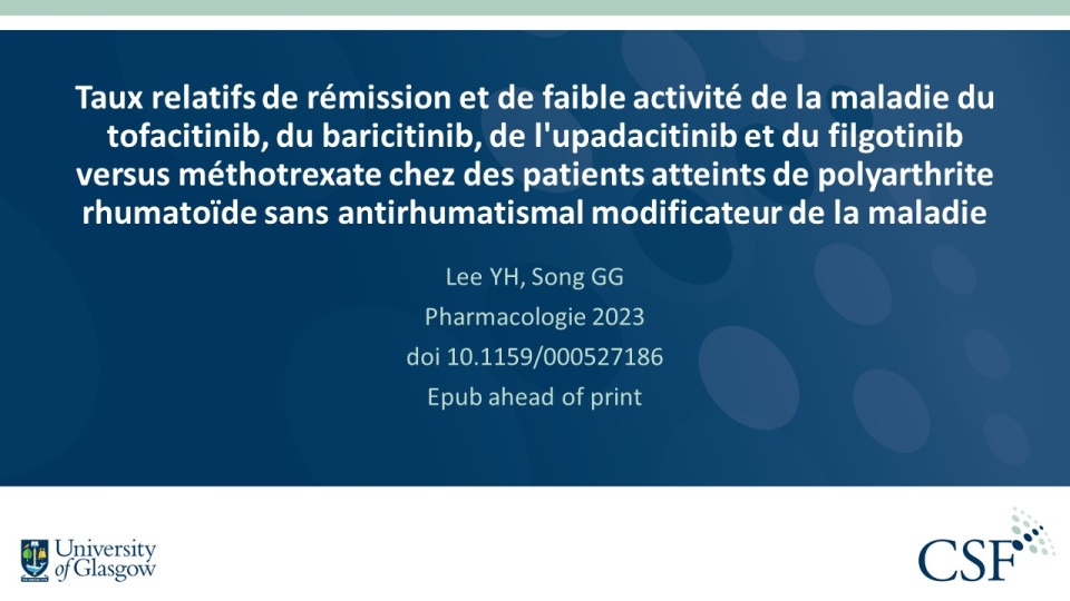 Publication thumbnail: Taux relatifs de rémission et de faible activité de la maladie du tofacitinib, du baricitinib, de l'upadacitinib et du filgotinib versus méthotrexate chez des patients atteints de polyarthrite rhumatoïde sans antirhumatismal modificateur de la maladie