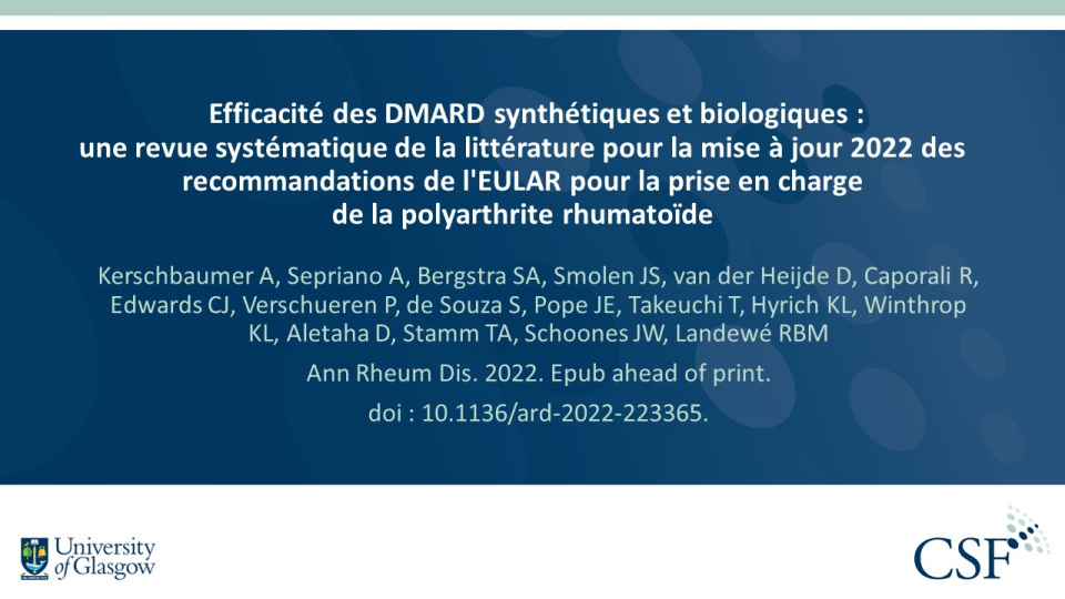 Publication thumbnail: Efficacité des DMARD synthétiques et biologiques : une revue systématique de la littérature pour la mise à jour 2022 des recommandations de l'EULAR pour la prise en charge de la polyarthrite rhumatoïde