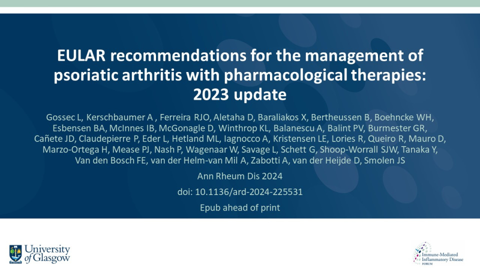 Publication thumbnail: EULAR recommendations for the management of psoriatic arthritis with pharmacological therapies: 2023 update