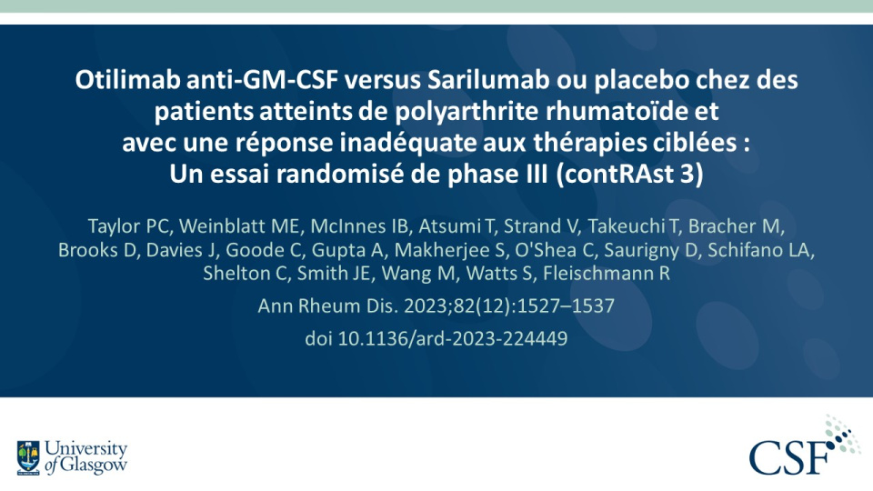 Publication thumbnail: Otilimab anti-GM-CSF versus Sarilumab ou placebo chez des patients atteints de polyarthrite rhumatoïde et avec une réponse inadéquate aux thérapies ciblées : Un essai randomisé de phase III (contRAst 3)