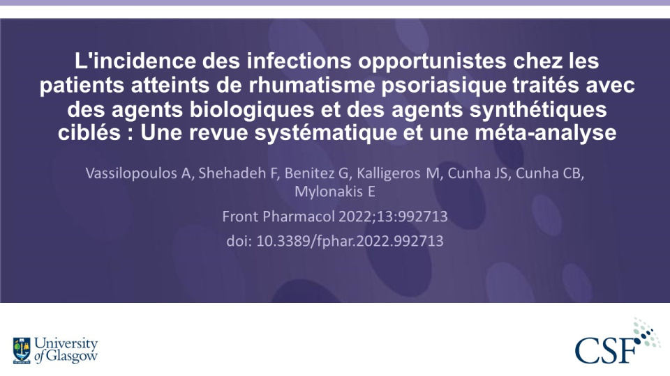 Publication thumbnail: L'incidence des infections opportunistes chez les patients atteints de rhumatisme psoriasique traités avec des agents biologiques et des agents synthétiques ciblés : Une revue systématique et une méta-analyse