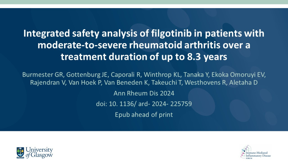 Publication thumbnail: Integrated safety analysis of filgotinib in patients with moderate-to-severe rheumatoid arthritis over a treatment duration of up to 8.3 years