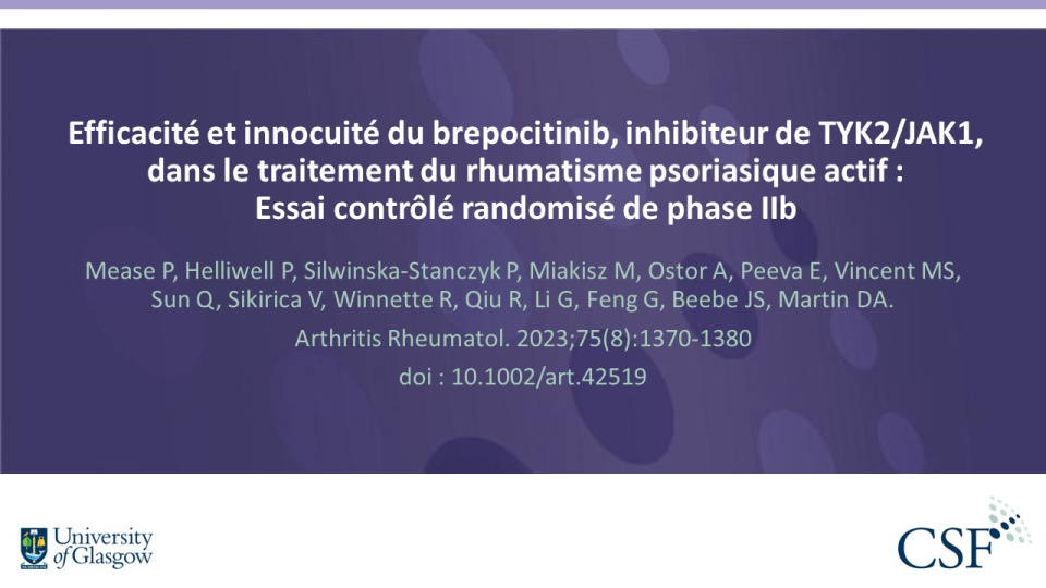 Publication thumbnail: Efficacité et innocuité du brepocitinib, inhibiteur de TYK2/JAK1, dans le traitement du rhumatisme psoriasique actif : Essai contrôlé randomisé de phase IIb