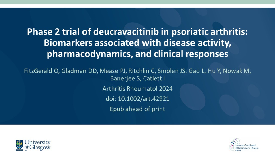 Publication thumbnail: Phase 2 trial of deucravacitinib in psoriatic arthritis: Biomarkers associated with disease activity, pharmacodynamics, and clinical responses