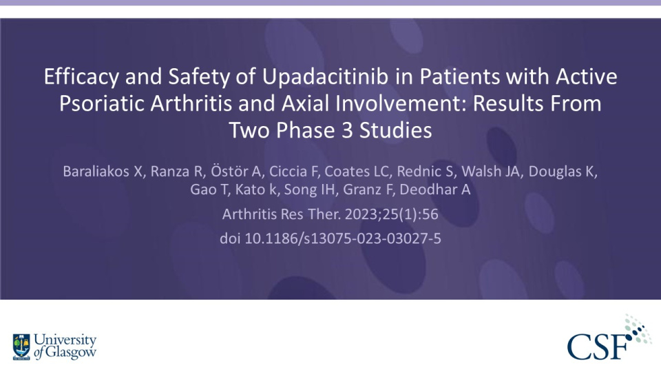 Publication thumbnail: Efficacy and Safety of Upadacitinib in Patients with Active Psoriatic Arthritis and Axial Involvement: Results From Two Phase 3 Studies