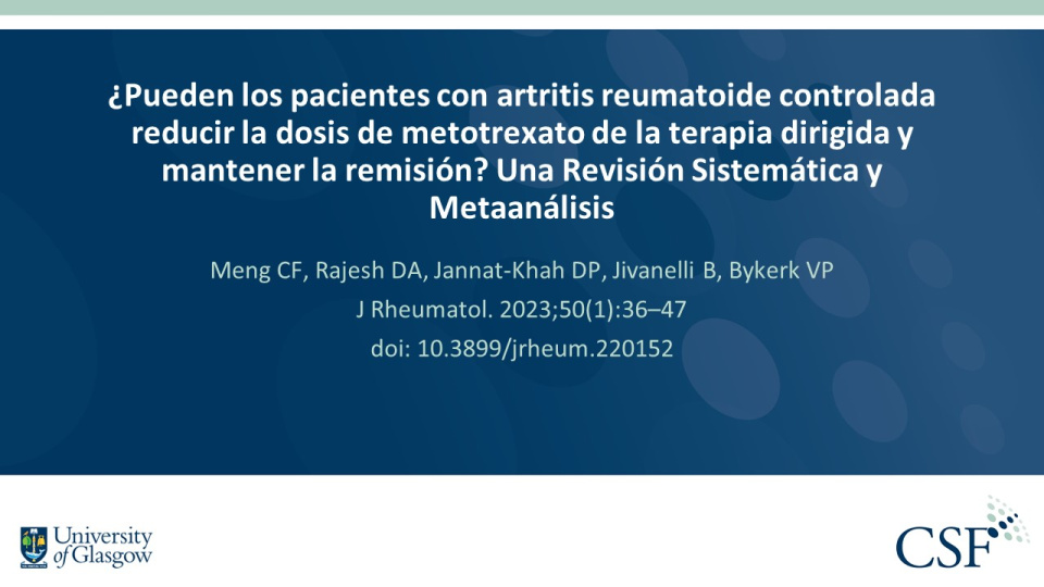 Publication thumbnail: ¿Pueden los pacientes con artritis reumatoide controlada reducir la dosis de metotrexato de la terapia dirigida y mantener la remisión? Una Revisión Sistemática y Metaanálisis