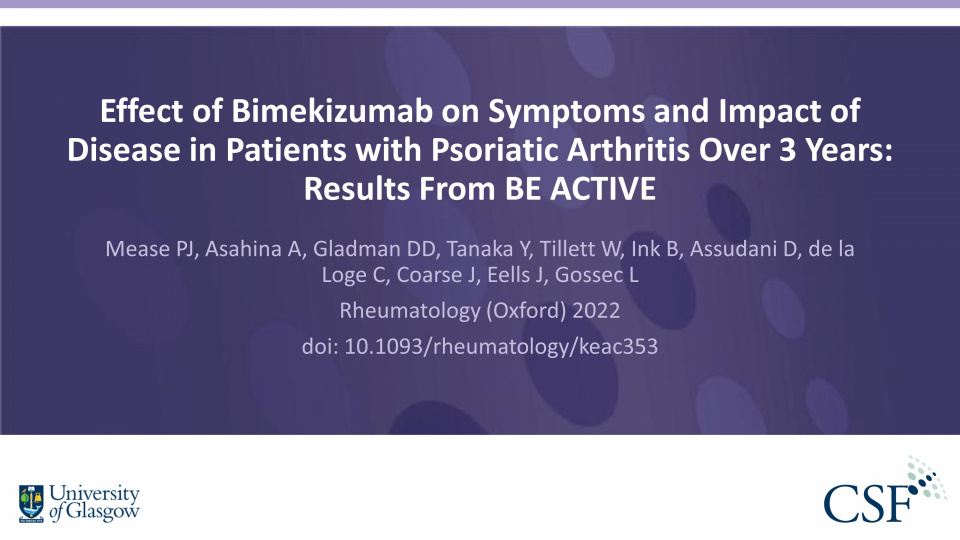 Publication thumbnail: Effect of bimekizumab on symptoms and impact of disease in patients with psoriatic arthritis over 3 years: results from BE ACTIVE