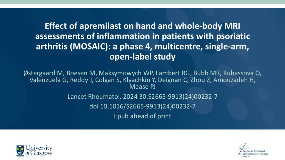 Publication thumbnail: Effect of apremilast on hand and whole-body MRI assessments of inflammation in patients with psoriatic arthritis (MOSAIC): a phase 4, multicentre, single-arm, open-label study