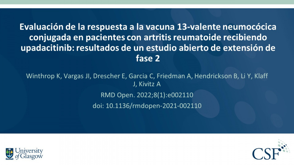 Publication thumbnail: Evaluación de la respuesta a la vacuna 13-valente neumocócica conjugada en pacientes con artritis reumatoide recibiendo upadacitinib: resultados de un estudio abierto de extensión de fase 2