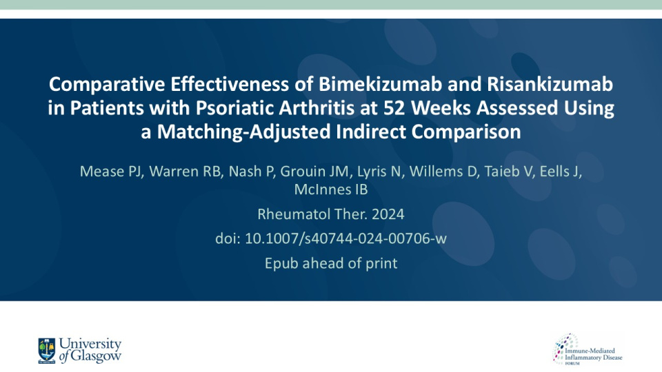 Publication thumbnail: Comparative Effectiveness of Bimekizumab and Risankizumab in Patients with Psoriatic Arthritis at 52 Weeks Assessed Using a Matching-Adjusted Indirect Comparison