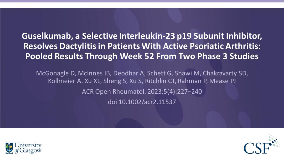 Publication thumbnail: Guselkumab, a Selective Interleukin-23 p19 Subunit Inhibitor, Resolves Dactylitis in Patients With Active Psoriatic Arthritis: Pooled Results Through Week 52 From Two Phase 3 Studies