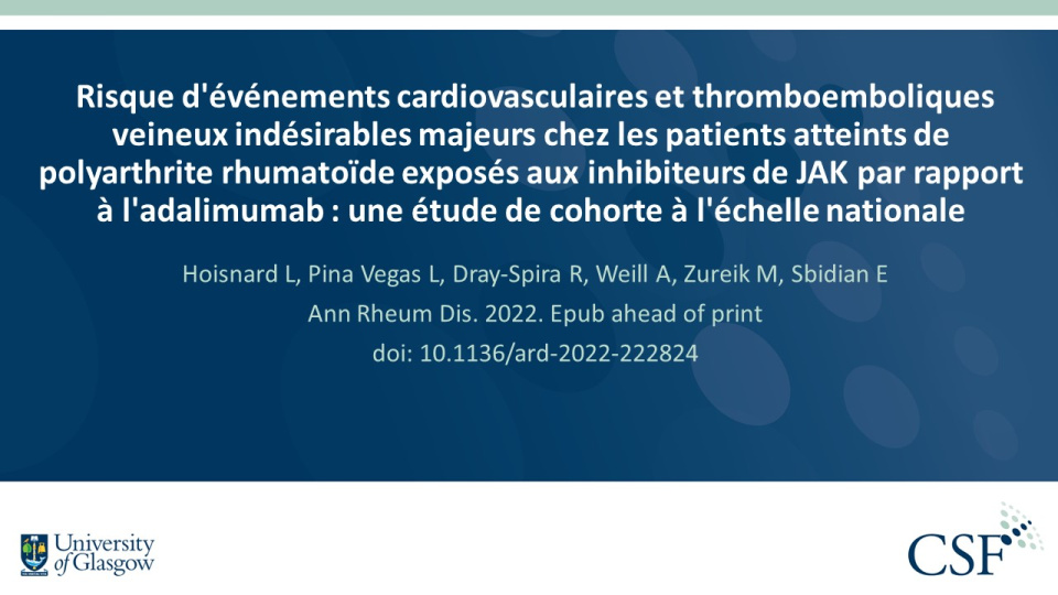 Publication thumbnail: Risque d'événements cardiovasculaires et thromboemboliques veineux indésirables majeurs chez les patients atteints de polyarthrite rhumatoïde exposés aux inhibiteurs de JAK par rapport à l'adalimumab : une étude de cohorte à l'échelle nationale