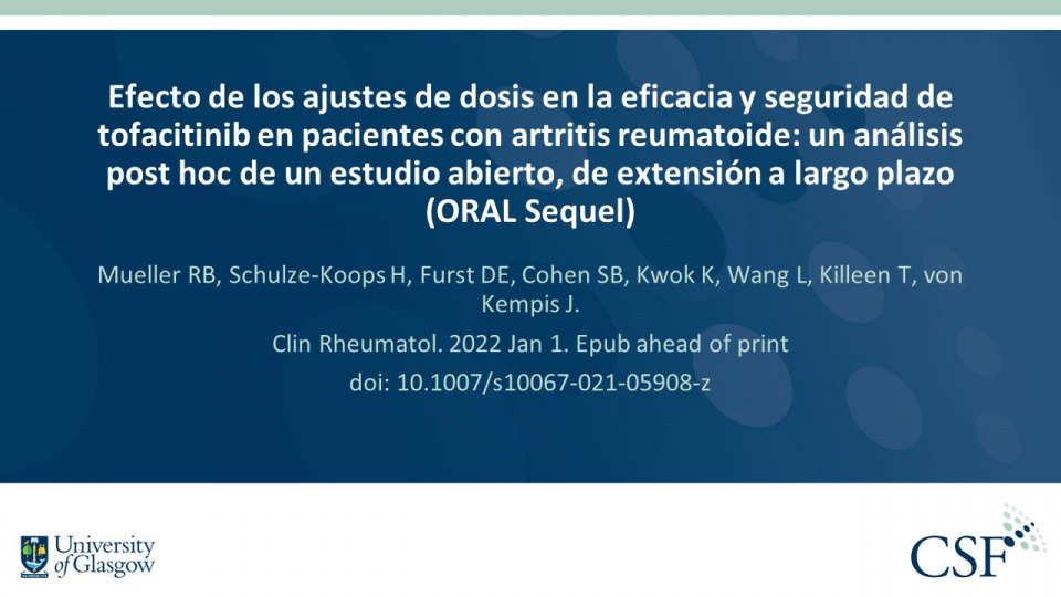 Publication thumbnail: Efecto de los ajustes de dosis en la eficacia y seguridad de tofacitinib en pacientes con artritis reumatoide: un análisis post hoc de un estudio abierto, de extensión a largo plazo (ORAL Sequel)