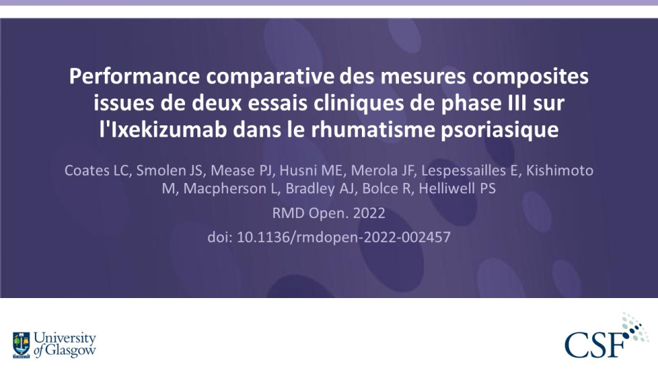 Publication thumbnail: Performance comparative des mesures composites issues de deux essais cliniques de phase III sur l'Ixekizumab dans le rhumatisme psoriasique