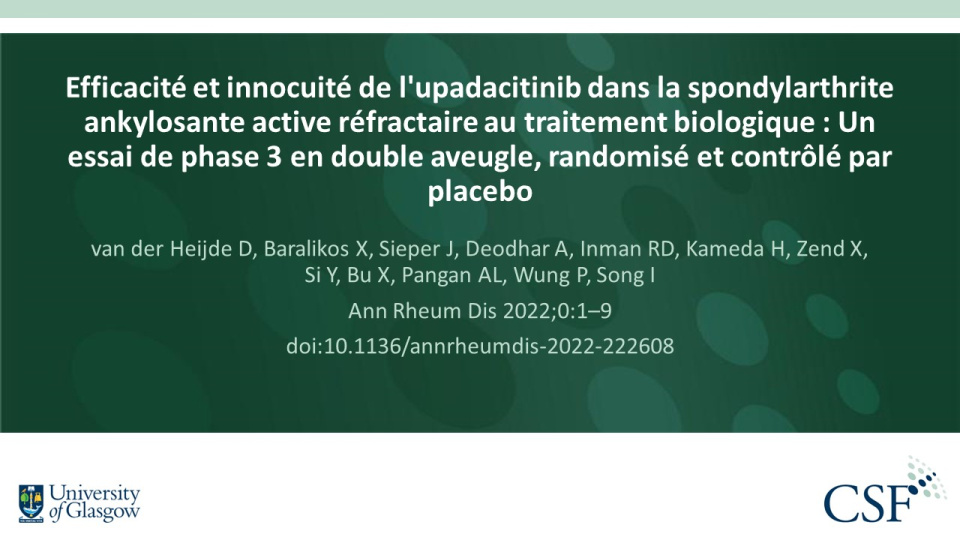 Publication thumbnail: Efficacité et innocuité de l'upadacitinib dans la spondylarthrite ankylosante active réfractaire au traitement biologique : Un essai de phase 3 en double aveugle, randomisé et contrôlé par placebo