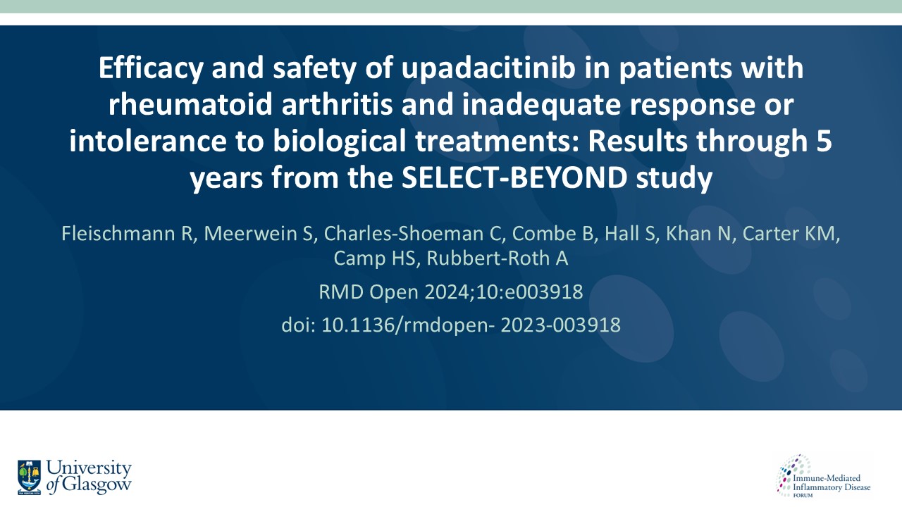 Publication thumbnail: Efficacy and safety of upadacitinib in patients with rheumatoid arthritis and inadequate response or intolerance to biological treatments: results through 5 years from the SELECT-BEYOND study