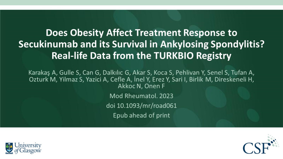 Publication thumbnail: Does obesity affect treatment response to secukinumab and its survival in ankylosing spondylitis? Real-life data from the TURKBIO Registry