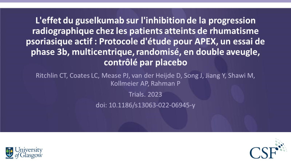 Publication thumbnail: L'effet du guselkumab sur l'inhibition de la progression radiographique chez les patients atteints de rhumatisme psoriasique actif : Protocole d'étude pour APEX, un essai de phase 3b, multicentrique, randomisé, en double aveugle, contrôlé par placebo