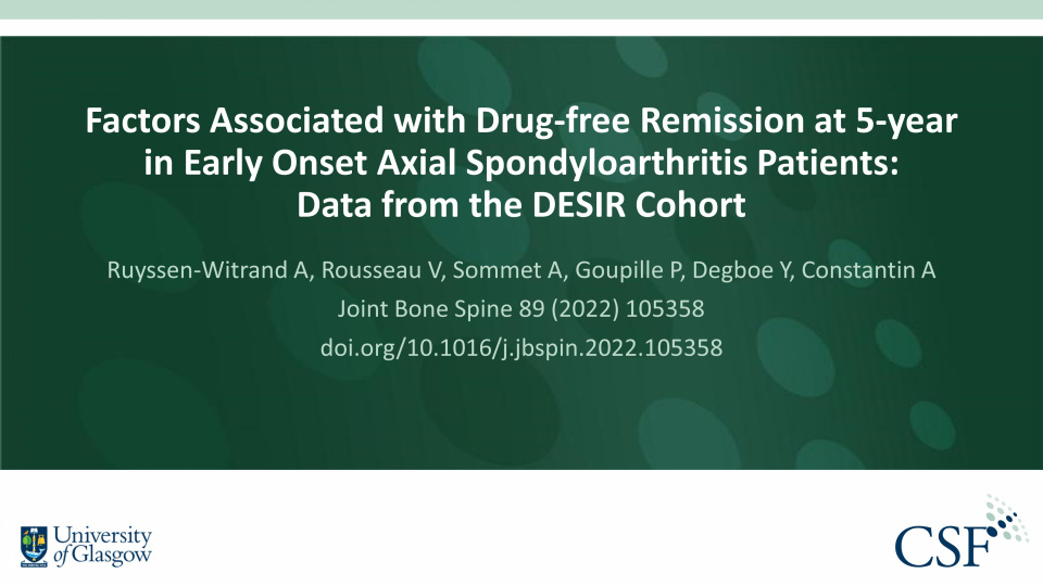 Publication thumbnail: Factors Associated with Drug-free Remission at 5-year in Early Onset Axial Spondyloarthritis Patients: Data from the DESIR Cohort