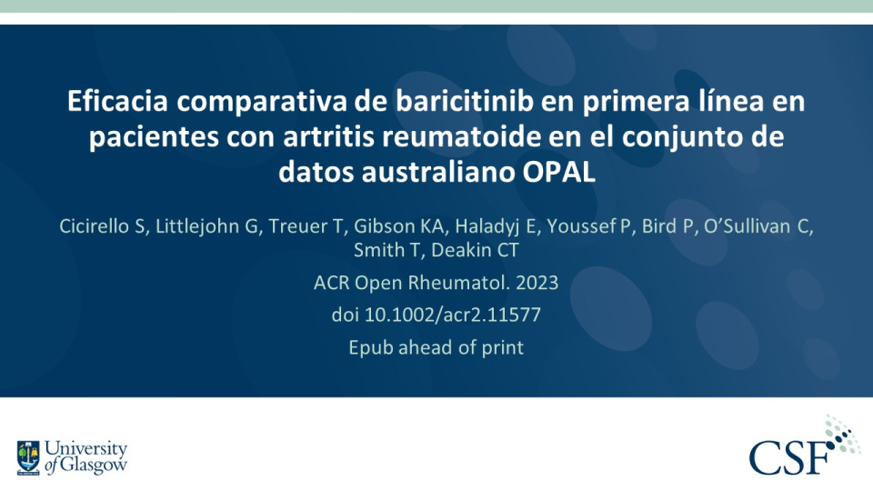 Publication thumbnail: Eficacia comparativa de baricitinib en primera línea en pacientes con artritis reumatoide en el conjunto de datos australiano OPAL