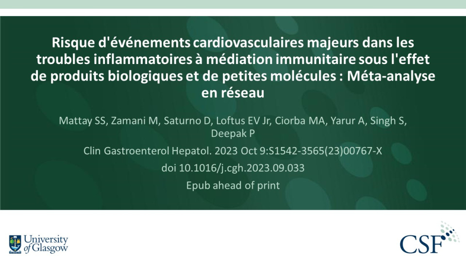 Publication thumbnail: Risque d'événements cardiovasculaires majeurs dans les troubles inflammatoires à médiation immunitaire sous l'effet de produits biologiques et de petites molécules : Méta-analyse en réseau