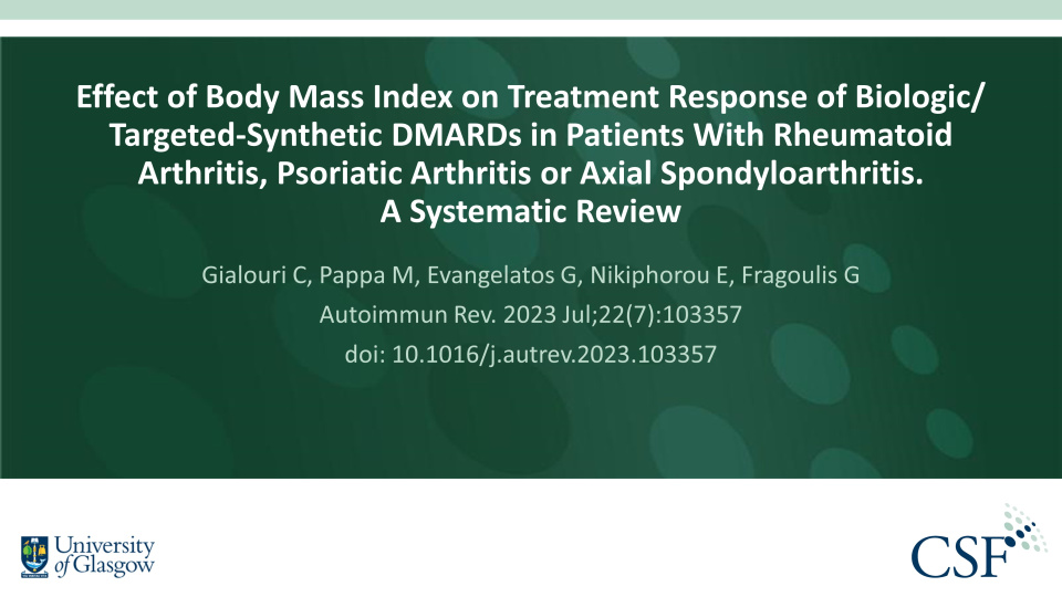 Publication thumbnail: Effect of Body Mass Index on Treatment Response of Biologic/ Targeted-Synthetic DMARDs in Patients With Rheumatoid Arthritis, Psoriatic Arthritis or Axial Spondyloarthritis. A Systematic Review