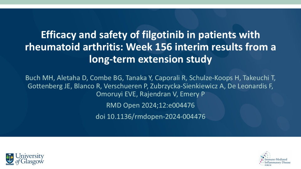 Publication thumbnail: Efficacy and safety of filgotinib in patients with rheumatoid arthritis: week 156 interim results from a long-term extension study