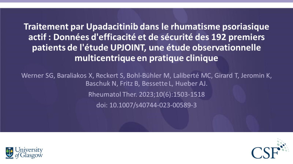 Publication thumbnail: Traitement par Upadacitinib dans le rhumatisme psoriasique actif : Données d'efficacité et de sécurité des 192 premiers patients de l'étude UPJOINT, une étude observationnelle multicentrique en pratique clinique