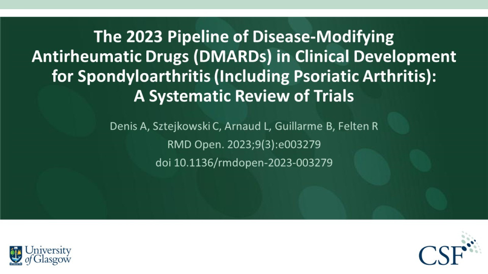 Publication thumbnail: The 2023 Pipeline of Disease-Modifying Antirheumatic Drugs (DMARDs) in Clinical Development for Spondyloarthritis (including psoriatic arthritis): a Systematic Review of Trials