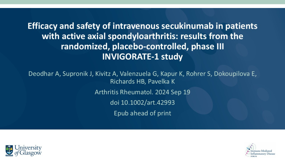 Publication thumbnail: Efficacy and Safety of Intravenous Secukinumab in Patients With Active Axial Spondyloarthritis: Results From the Randomized, Placebo-Controlled, Phase III INVIGORATE-1 Study