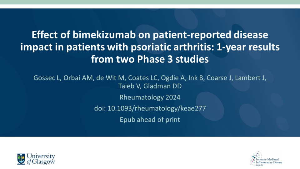 Publication thumbnail: Effect of bimekizumab on patient-reported disease impact in patients with psoriatic arthritis: 1-Year results from two Phase 3 studies