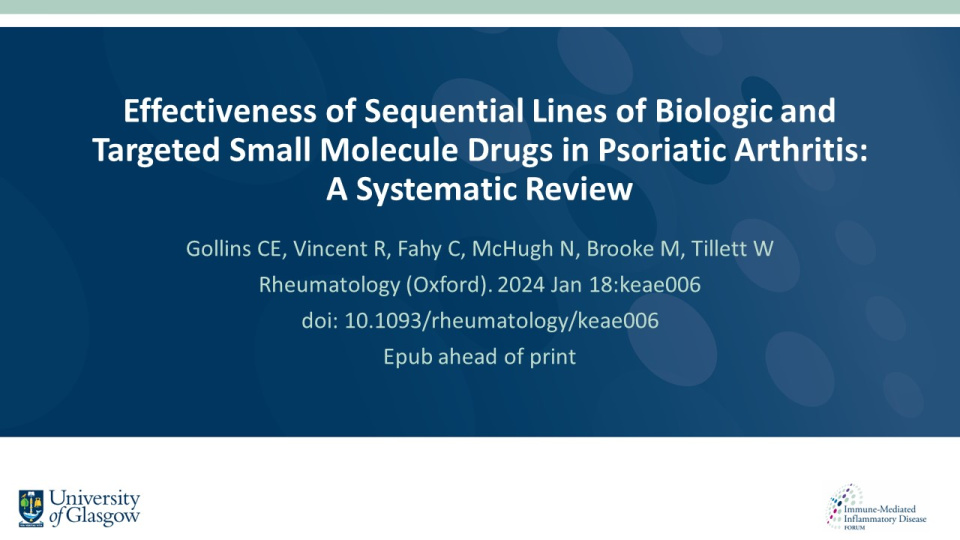 Publication thumbnail: Effectiveness of Sequential Lines of Biologic and Targeted Small Molecule Drugs in Psoriatic Arthritis:  A Systematic Review
