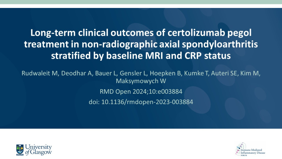 Publication thumbnail: Long-term clinical outcomes of certolizumab pegol treatment in non-radiographic axial spondyloarthritis stratified by baseline MRI and CRP status
