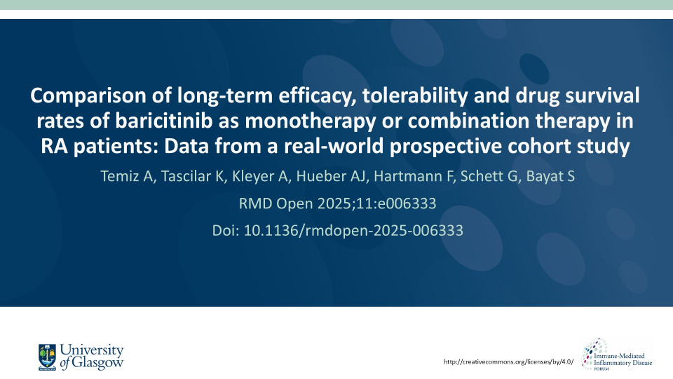 Publication thumbnail: Comparison of long-term efficacy, tolerability and drug survival rates of baricitinib as monotherapy or combination therapy in RA patients: Data from a real-world prospective cohort study