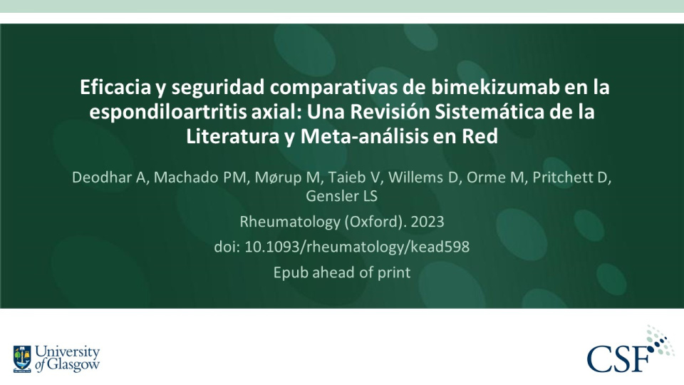 Publication thumbnail: Eficacia y seguridad comparativas de bimekizumab en la  espondiloartritis axial: Una Revisión Sistemática de la Literatura y Meta-análisis en Red