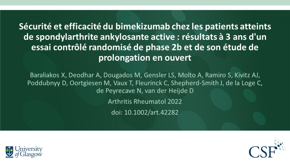 Publication thumbnail: Sécurité et efficacité du bimekizumab chez les patients atteints de spondylarthrite ankylosante active : résultats à 3 ans d'un essai contrôlé randomisé de phase 2b et de son étude de prolongation en ouvert