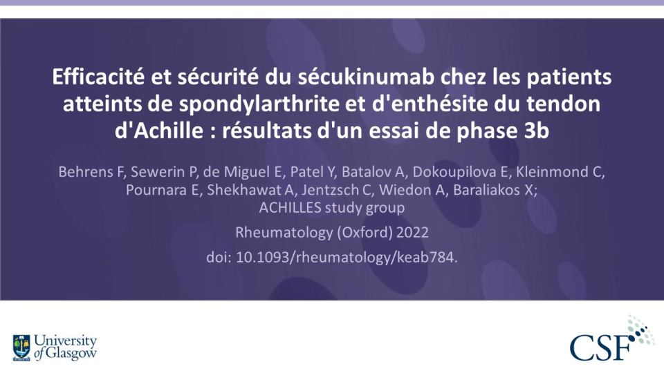 Publication thumbnail: Efficacité et sécurité du sécukinumab chez les patients atteints de spondylarthrite et d'enthésite du tendon d'Achille : résultats d'un essai de phase 3b