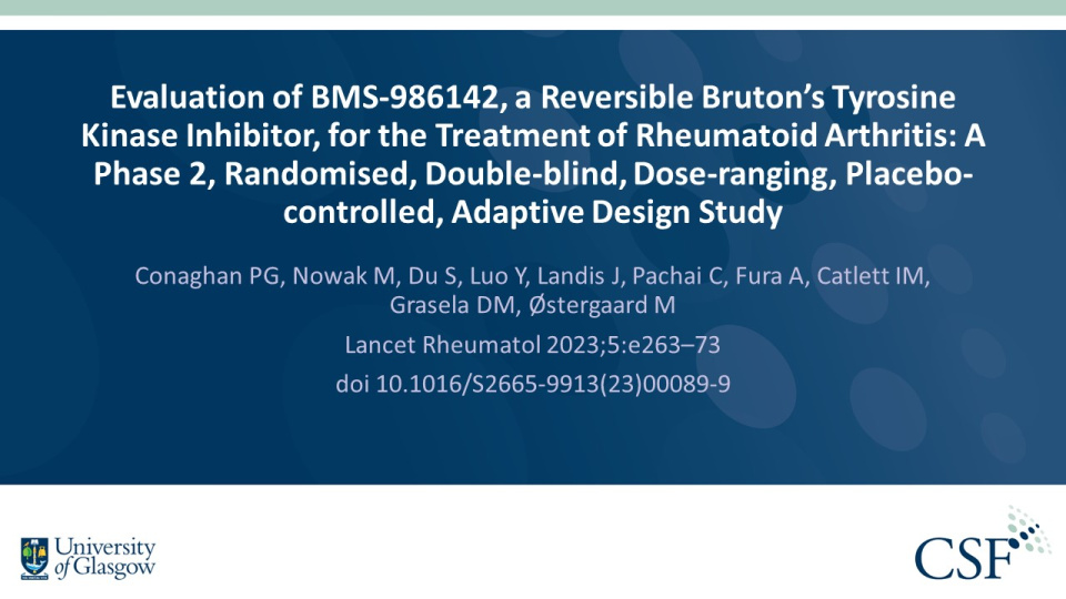 Publication thumbnail: Evaluation of BMS-986142, a Reversible Bruton’s Tyrosine Kinase Inhibitor, for the Treatment of Rheumatoid Arthritis: A Phase 2, Randomised, Double-blind, Dose-ranging, Placebo-controlled, Adaptive Design Study