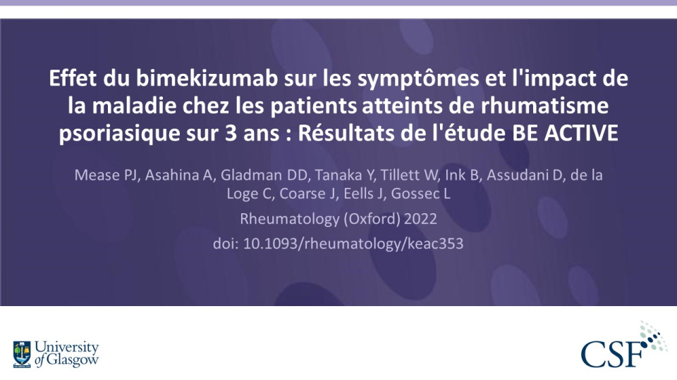 Publication thumbnail: Effet du bimekizumab sur les symptômes et l'impact de la maladie chez les patients atteints de rhumatisme psoriasique sur 3 ans : Résultats de l'étude BE ACTIVE