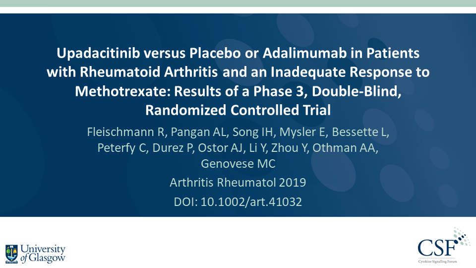 Publication thumbnail: Upadacitinib versus Placebo or Adalimumab in Patients with Rheumatoid Arthritis and an Inadequate Response to Methotrexate: Results of a Phase 3, Double-Blind, Randomized Controlled Trial