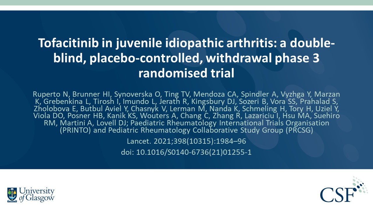 Publication thumbnail: Tofacitinib in juvenile idiopathic arthritis: a double-blind, placebo-controlled, withdrawal phase 3 randomised trial